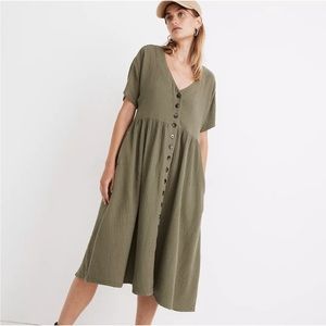Madewell Lightspun Button Front Midi Dress, Size XS, army green color